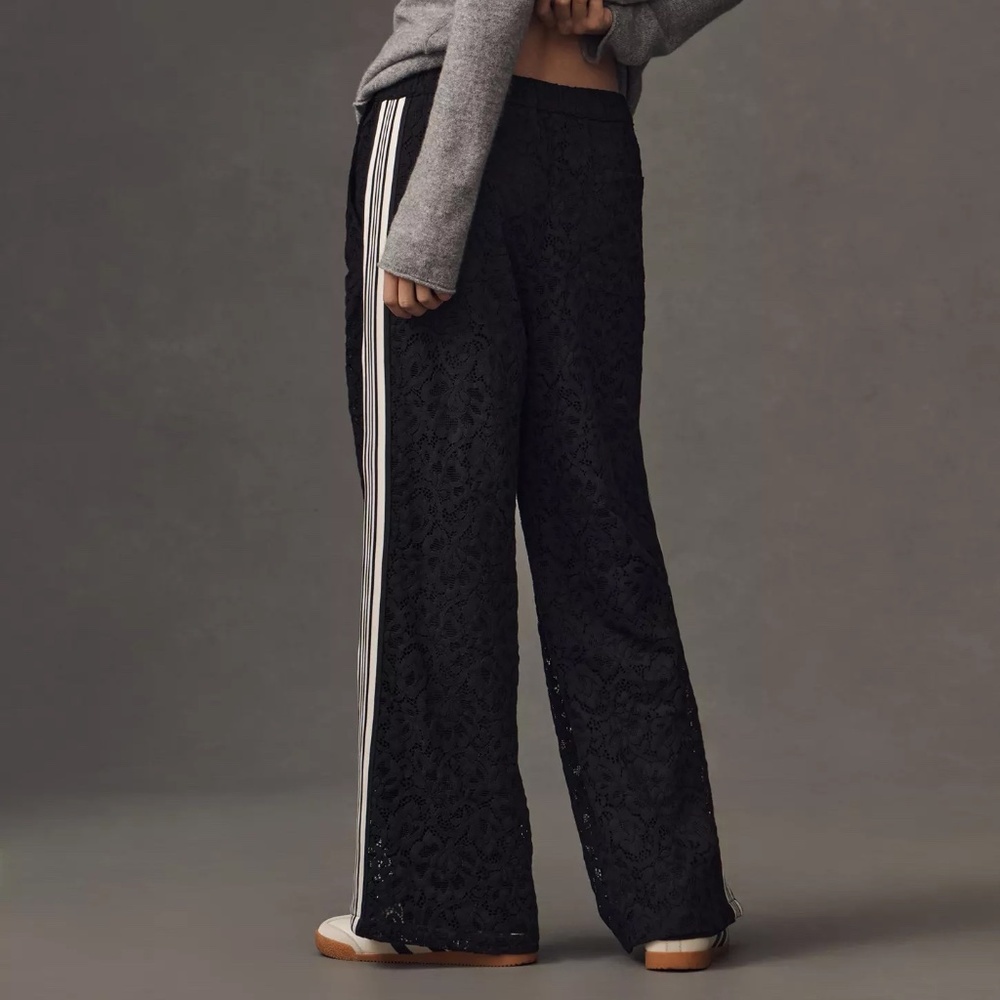 Maeve Black Wide-Leg Lace Track Pants with Cream Stripes - Picture 4 of 5